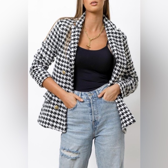 Vintage Morgin Black & White Houndstooth Print Button Front Blazer Dress Coat - Picture 16 of 16